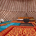 Traditional Yurt Interior With Colorful Patterned Rugs Wooden Lattice And Central Stove