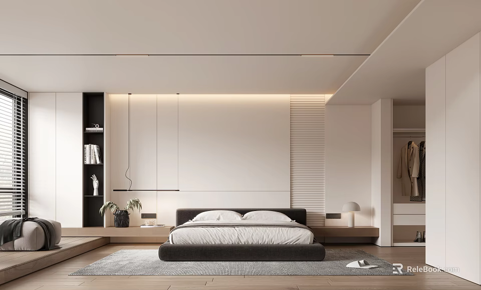 Modern Bedroom Interior With Platform Bed Built in Wardrobe And LED Lighting 3d model 