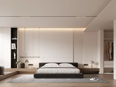 Modern Bedroom Interior With Platform Bed Built in Wardrobe And LED Lighting 3d model