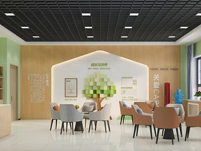 Classroom Interior Design With Wooden Walls Green Decor Tree Art And Study Tables 3d model