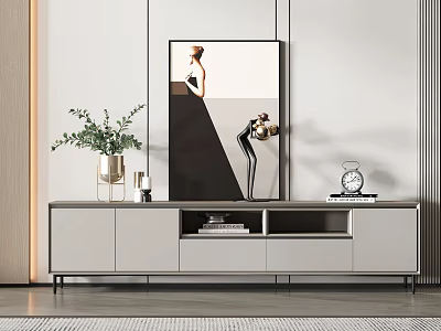Modern TV Stand With Decorative Painting Potted Plant And Storage Compartments 3d model