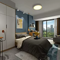 Modern Apartment Interior Design With Blue Walls Gray Bed Desk White Chair And Yellow Artwork