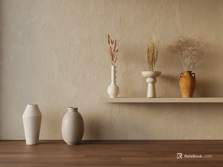Minimalist Vases With Dried Flowers On White Shelf Against Beige Textured Wall And Wooden Floor 3d model 