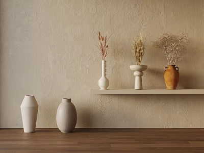 Minimalist Vases With Dried Flowers On White Shelf Against Beige Textured Wall And Wooden Floor 3d model