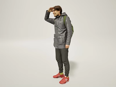 A Man With Hand Over Eyes In Gray Jacket Green Backpack And Red Shoes 3d model