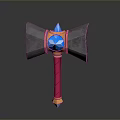 Fantasy Battle Axe With Gray Head Orange Ring Blue Gemstone Red Handle And Yellow Base