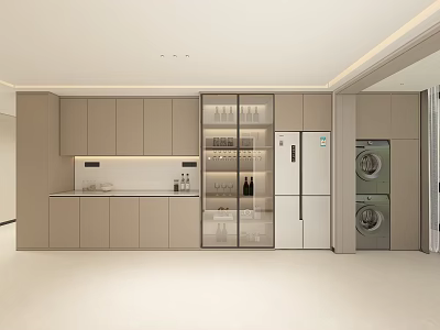 Modern Kitchen Sideboard Cabinet With Light Gray Cabinetry Glass Door Display And Appliances 3d model