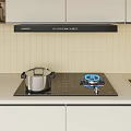 Kitchen Appliances with Range Hood Gas Stove Pot Blue Flame Beige Tiled Wall Light Cabinets