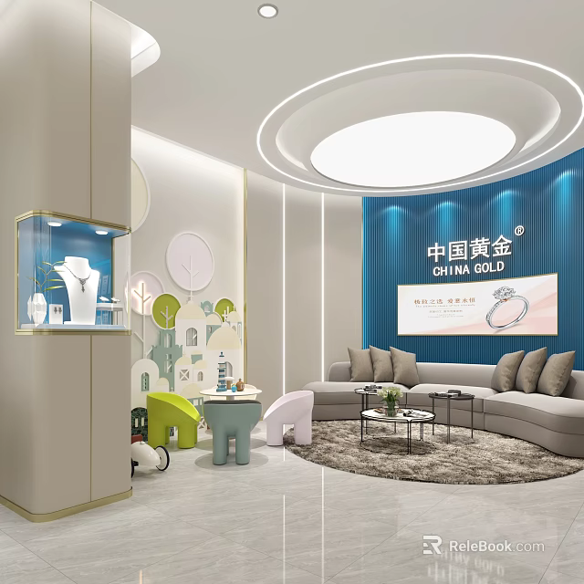 China Gold Jewelry Store Featuring Modern Decor Luxury Display Cases Sofa And Round Rug 3d model 