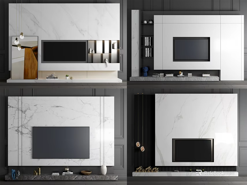 Modern TV Background Cabinet With Marble Panel Storage And Decorative Items 3d model