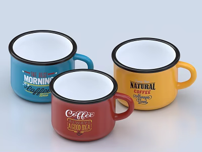Colorful Enamel Tea Set Cups with Morning Coffee Natural Text Designs 3d model