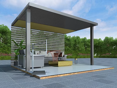 Modern Pergola With Metal Structure Sunshade Roof And Sofa Coffee Table On Tiled Platform 3d model