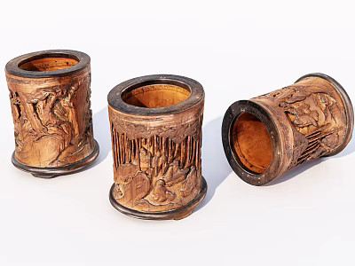 Three Carved Wooden Pen Holders With Intricate Patterns And Classic Design 3d model