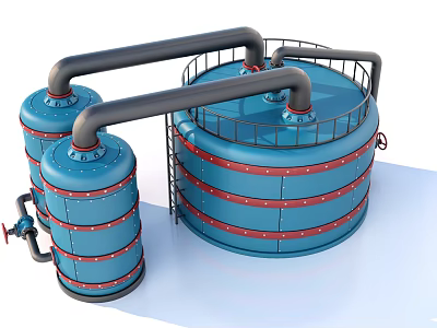 Industrial Equipment Featuring Blue Storage Tanks with Black Pipes and Metal Railings and Red Stripes 3d model