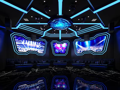 Modern KTV Lounge Interior With Blue Lighting Multiple Screens And Comfortable Sofa Seating 3d model