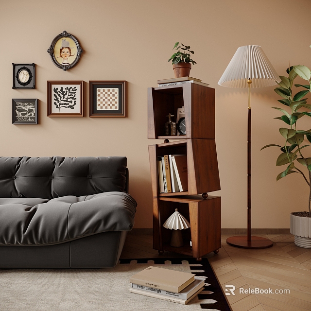 Modern Living Room Wooden Side Table With Shelves Grey Sofa Floor Lamp And Wall Art 3d model 