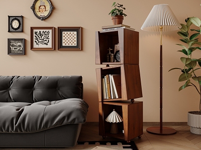 Quiet Ancient Decoration Quiet Bookcase Storage Cabinet Decoration Combination Floor Lamp Hanging Picture Combination Carpet Sofa Floor Plants 3d model