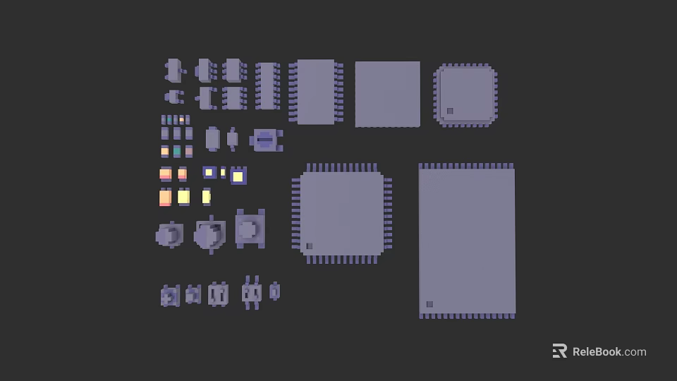 Electronic Components Collection Featuring Chips Circuit Boards And Connectors In Gray Purple 3d model 