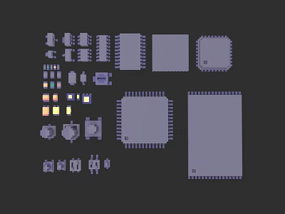 Electronic Components Collection Featuring Chips Circuit Boards And Connectors In Gray Purple 3d model
