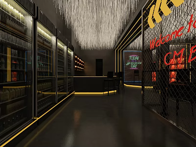 Modern Bar Interior Design With Neon Welcome Signs Wine Bottle Displays And Entrance Area 3d model