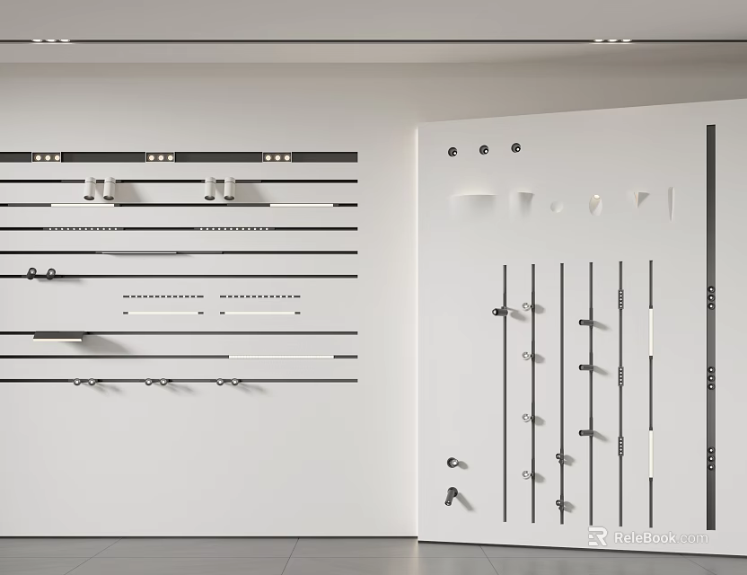 Modern Display Wall Design Showcasing Various Downlights And Spotlights Styles 3d model 
