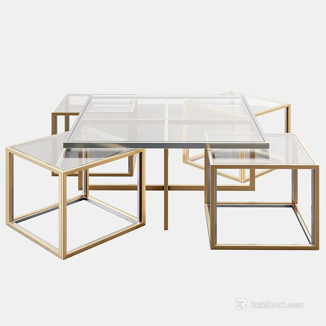 Modern Dining Table With Glass Top Golden Metal Frame And Nested Side Tables 3d model