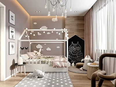 Kids Room Interior With Tent Shaped Bed Cloud Star Decor Chalkboard Wall And Star Rug 3d model