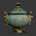 Vintage Turquoise And Gold Decorative Ornament Set With Floral Patterns Handles And Pedestal Base