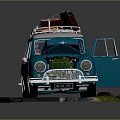 Blue Classic Car With Open Doors Hood And Roof Luggage Parked On Road With Grass