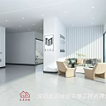 Modern Minimalist Reception Desk with Logo on Background Wall Vertical Striped Walls and Green Plants