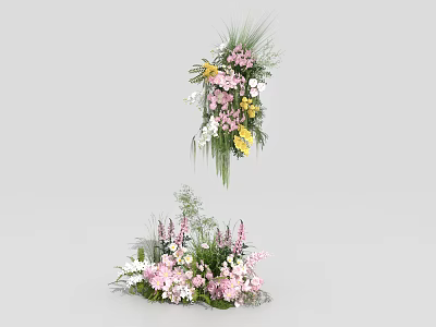 Floral Art Installation with Hanging and Floor Arrangements Pink White Yellow Flowers and Green Foliage 3d model
