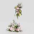 Floral Art Installation with Hanging and Floor Arrangements Pink White Yellow Flowers and Green Foliage