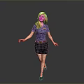 Blonde woman in blue shirt and black skirt with hands naturally open against gray background