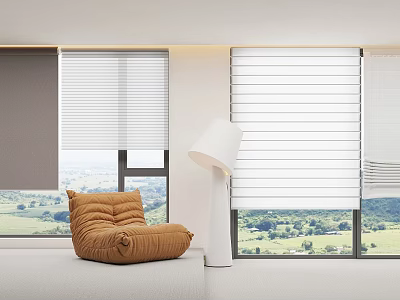 White Roman Shades in Modern Bedroom with Large Window and Natural Light Accent 3d model