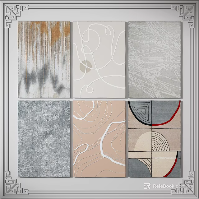 Stylish Square Rugs With Abstract Curves And Geometric Patterns In Gray Beige Brown Red 3d model 