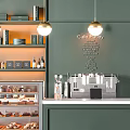 Green Bar Counter With Display Cases Desserts Coffee And Hanging Lights