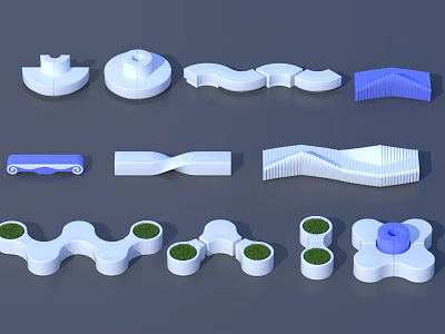 White Abstract Geometric Models With Curved Forms Blue Accent And Green Plant Details 3d model