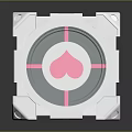 Advanced Silver Metallic Cube Shaped Weapon With Transparent Sections And White Heart Symbols
