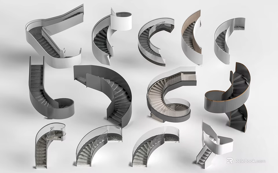 Various Spiral Staircase Designs With Curved Structures And Modern Styles 3d model