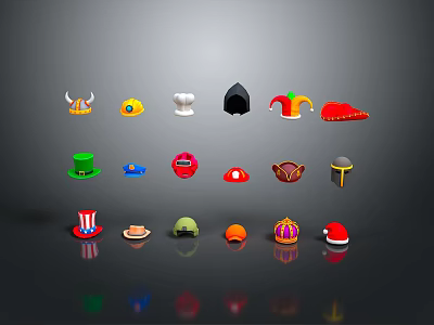 Diverse Collection of Stylish Hats Featuring Chef Clown and Santa Designs 3d model