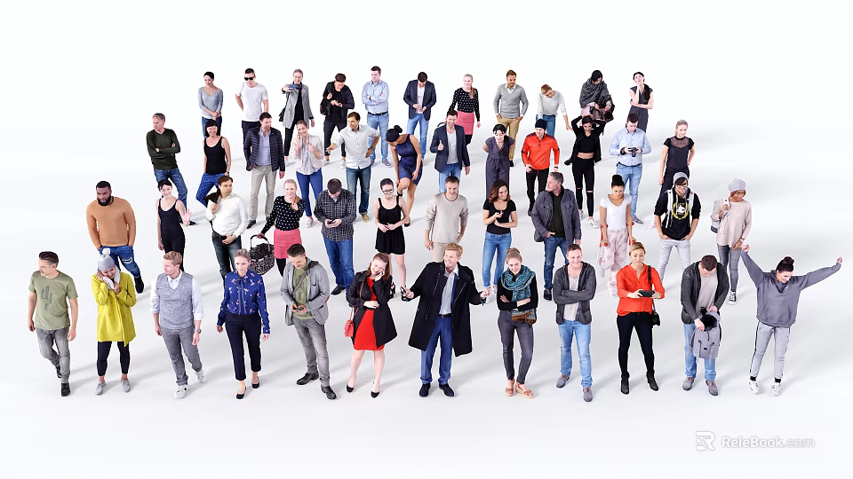 Group of Diverse People Standing With Various Poses and Different Clothing on White Background 3d model 