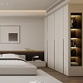 Modern Minimalist Bedroom Interior Design With Bed Wardrobe Rug Decorative Painting And Ceiling Lighting