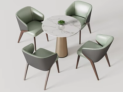 Four Light Green And Gray Leisure Chairs With Wooden Legs Around Round Marble Table 3d model