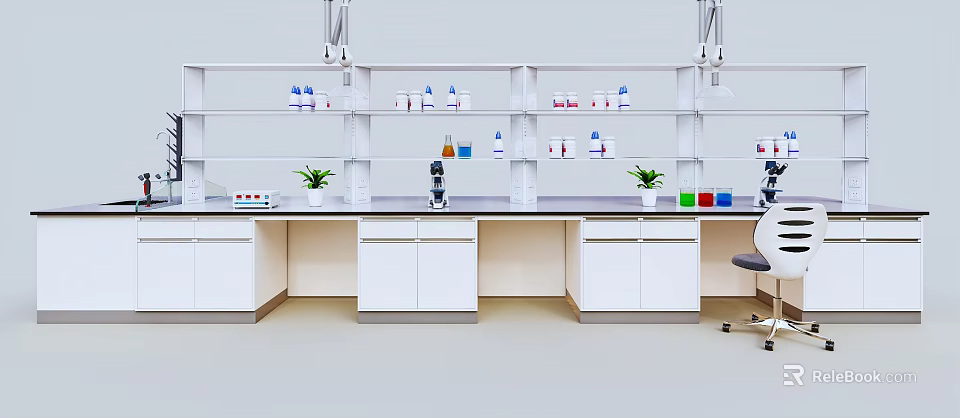 Laboratory Interior With Lab Bench Shelves Bottles Microscope Potted Plants And Colorful Test Tubes 3d model 