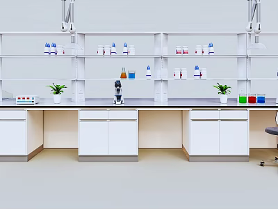 Laboratory Interior With Lab Bench Shelves Bottles Microscope Potted Plants And Colorful Test Tubes 3d model