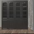 Elegant Dark Wooden Display Cabinet With Grid Glass Doors And Gold Handles Design