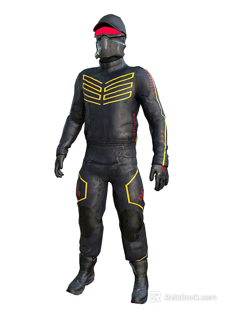 Game Movie Character in Black Bodysuit with Yellow Stripes Red Accents and Knee Pads 3d model 