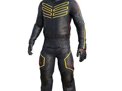 Game Movie Character in Black Bodysuit with Yellow Stripes Red Accents and Knee Pads 3d model