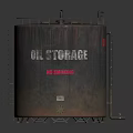 Industrial Oil Storage Tank With Circular Top Platform And Railings Labeled Exterior And Metal Construction