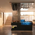 Modern Restaurant Interior With Open Kitchen Bar Counter And Decorative Artworks